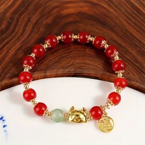 Lucky Dragon Red Bead Bracelet with Synthetic Jade Bead - Picture 2 of 5